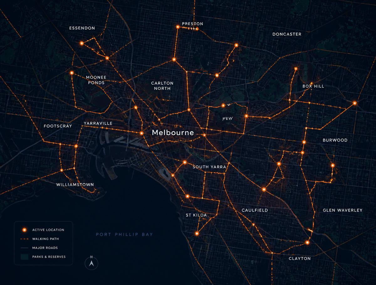 Live GPS map of Melbourne distribution walks